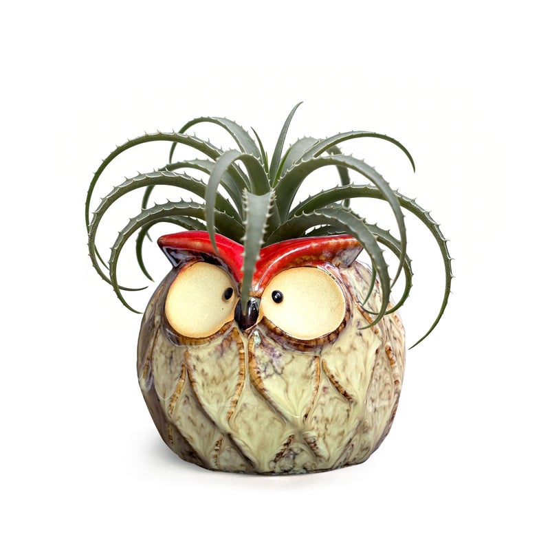GeLive Owl Succulent Pot Ceramic Cactus Planter with Drainage Hole, Cute Small Plant Container for Desk Windowsill Tabletop Decor Pen Holder (No Plants) - Image 1